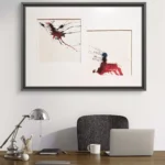 Obra artística "Descosido" colgada en pared, ilustración contemporánea en tinta con marco negro.