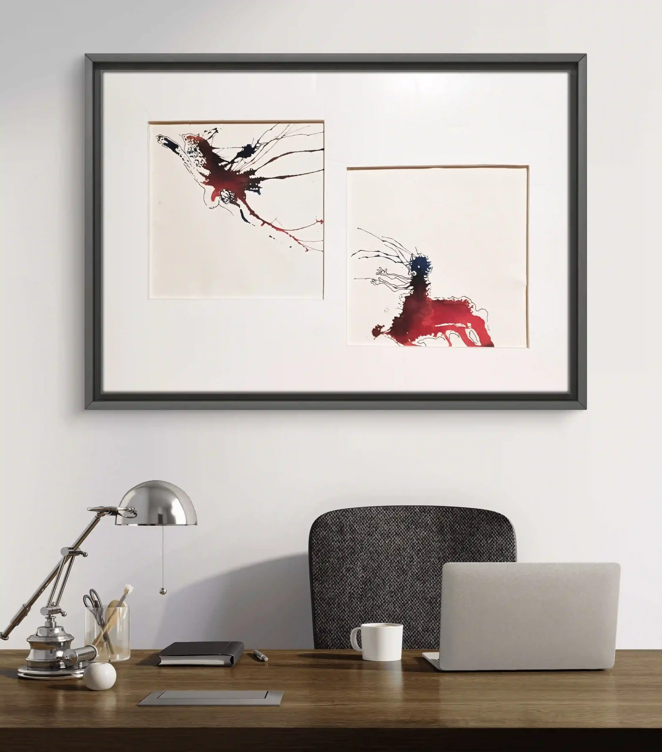 Obra artística "Descosido" colgada en pared, ilustración contemporánea en tinta con marco negro.