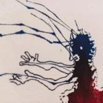 Detalle de cabeza y brazos extendidos en tinta azul, figura emocional de la obra "Descosido".